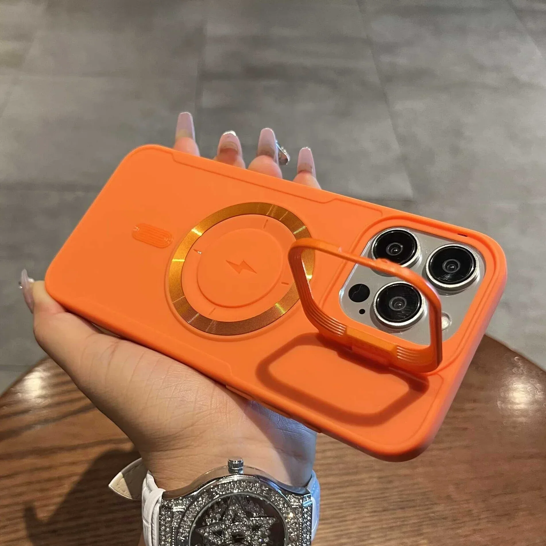 Luxury Flip-Up Lens Holder Magnetic Case with Magsafe Charging - Premium Silicone Soft Cover