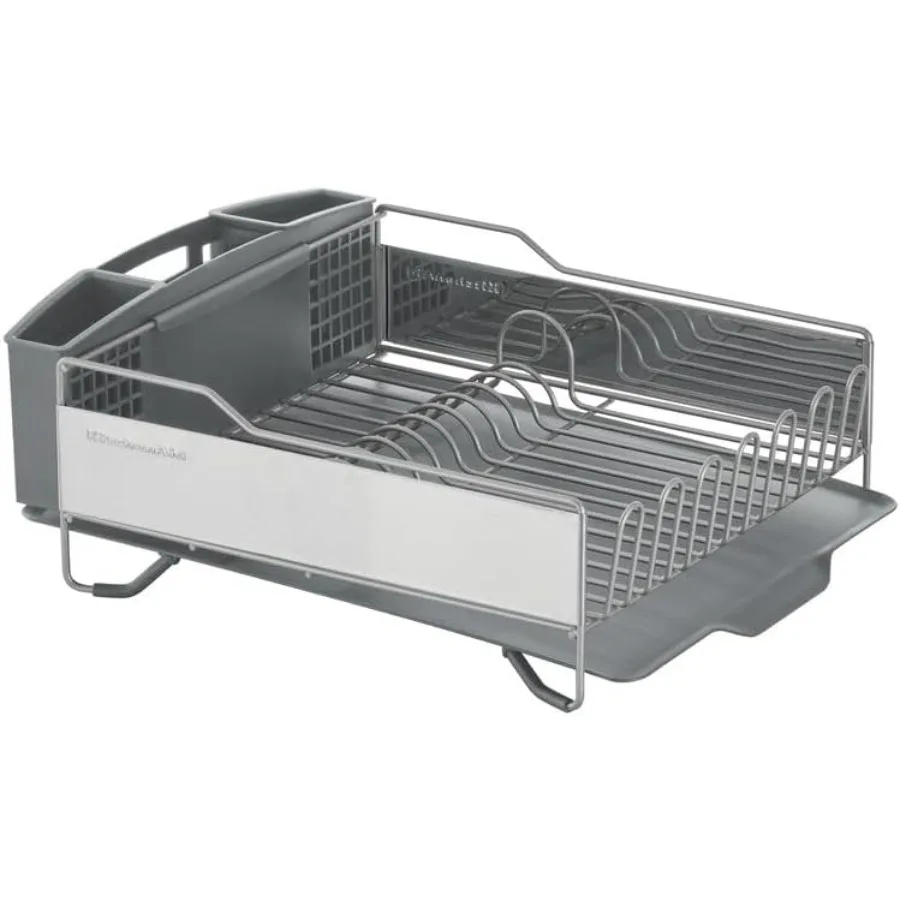 Large Capacity Full Size Rust Resistant Dish Rack with Angled Drain Board and Removable Flatware Caddy Light Grey