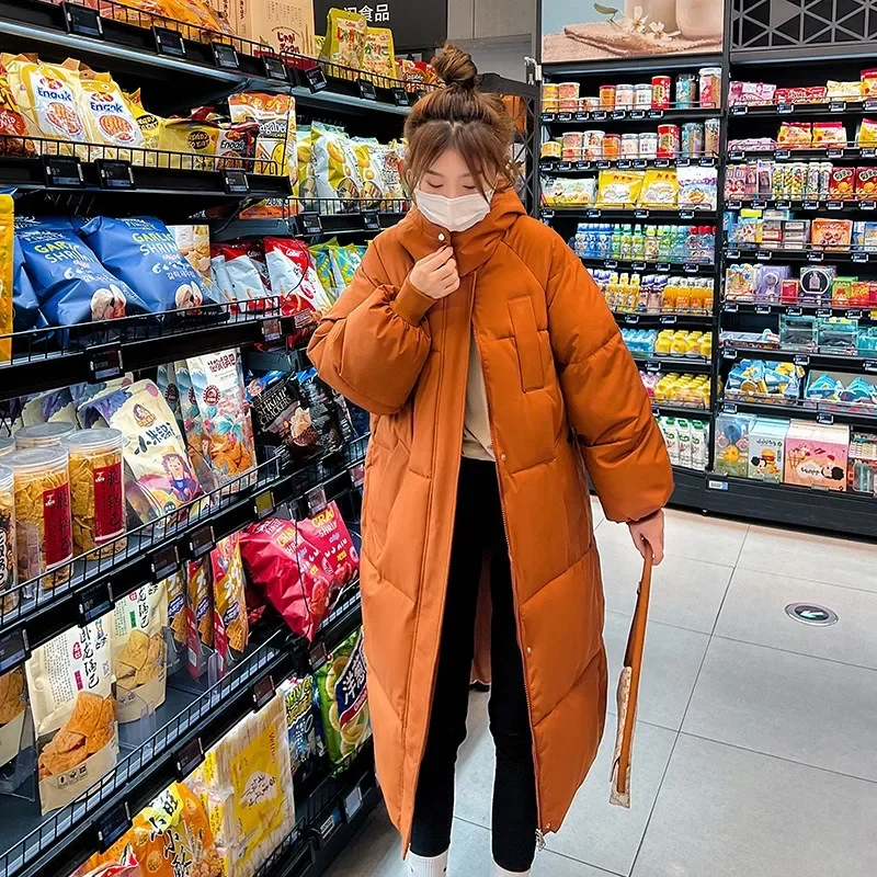 

Thickened Women's Hooded Parkas Long Knee Length Winter Loose Fitting Cotton Jackets Solid Warm Bread Padded Jackets for Women
