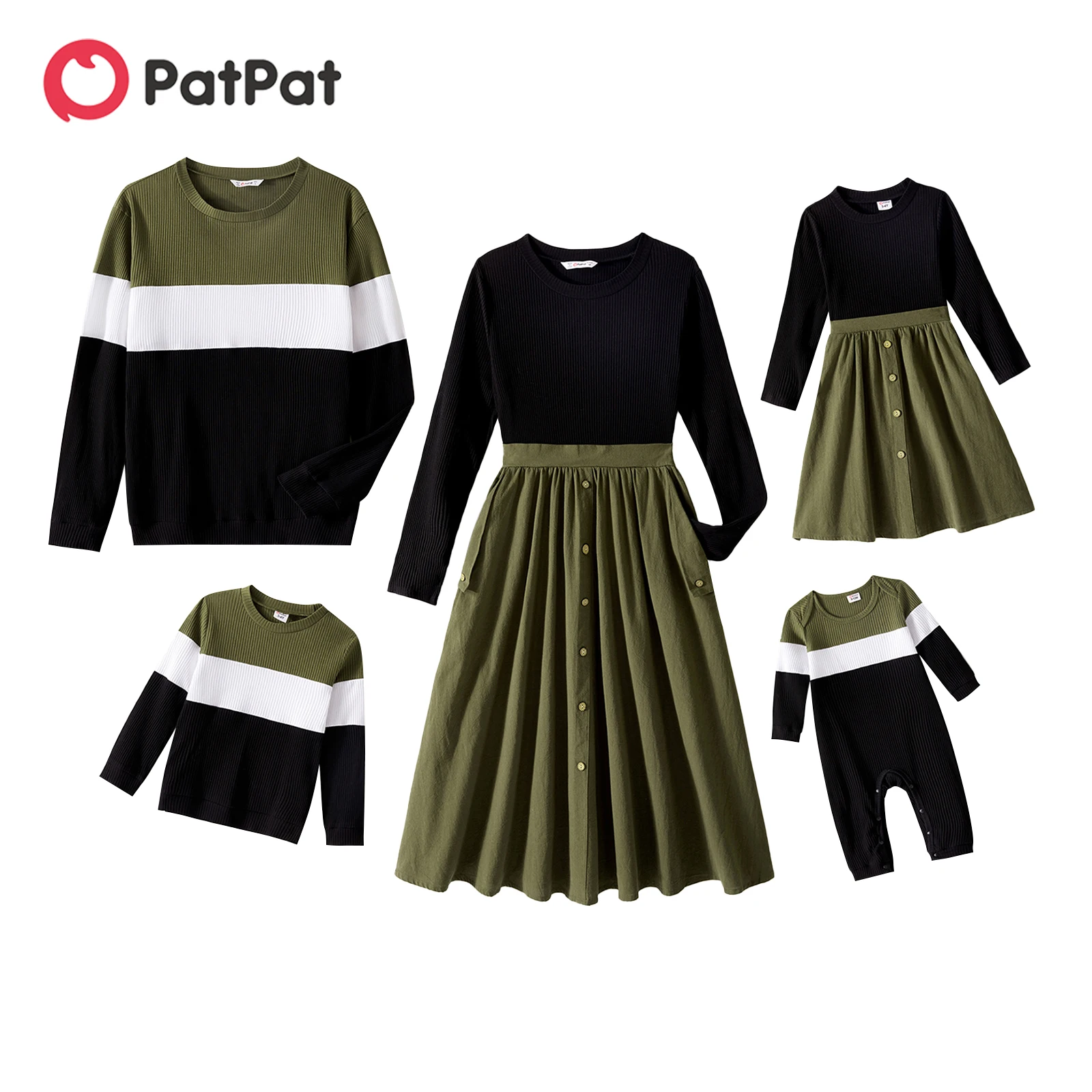 PatPat Family Matching Outfits Long-sleeve Button Front Solid Spliced Dresses and Colorblock Rib Knit Tops Family Clothes Sets