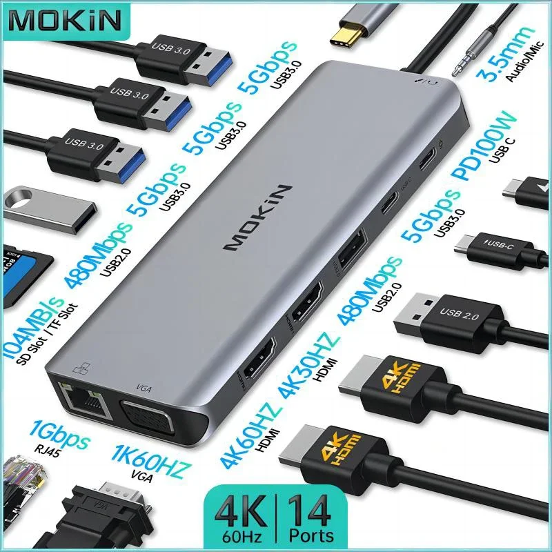 Type C Docking Station Docking Station 14 in 1 Docking Station for MacBook Air/Pro for iPad Thunderbolt Laptop USB 3.0 HDMI 4K 30Hz PD 100W RJ45 1Gbps Audio HUB