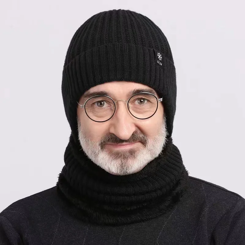 Winter 2-piece Sets For Men Dad Knit Cap Velvet Hat Coral Fleece Scarf Outdoor Riding Thickening Plus Neck Protect Cap