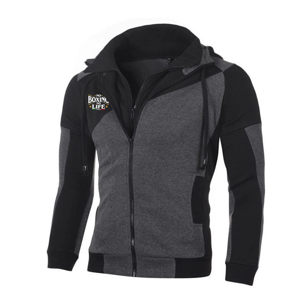 Spring Autumn Men No Boxing No Life Gym Print Solid Color Patchwork Fake Two Pieces Design Jacket Hoodies Coat
