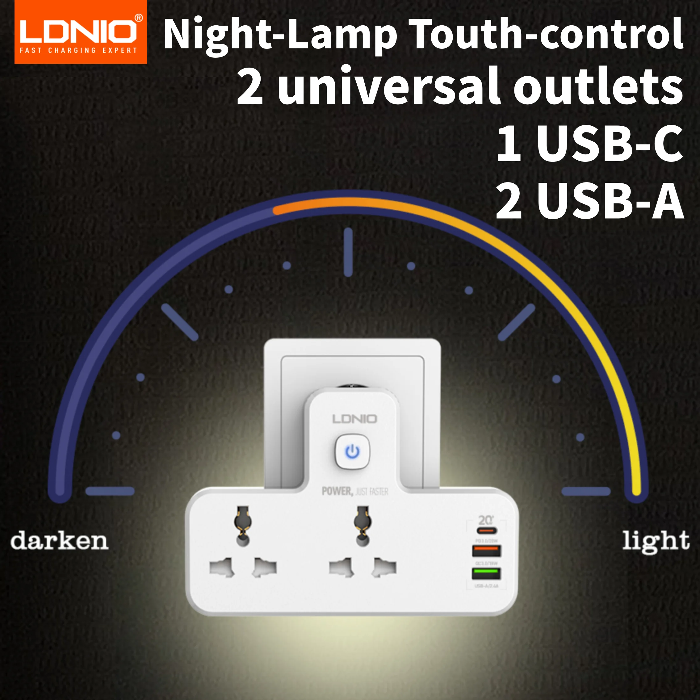 LDNIO Universal Outlets Wall Extension Power Socket Strip 20W PD QC USB ports Fast Charging Power Strip Touch Night Lamp power strip power plug adapter