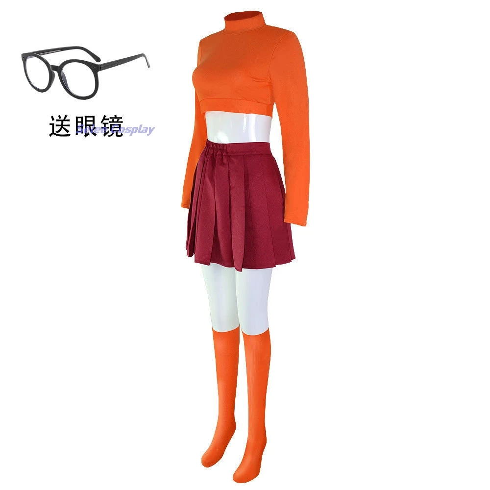 

Velma Cosplay Outfit Uniform Wig Anime Woman Daphne Orange Top Skirt Socks Glasses Halloween Costume Set Girls Party Role play