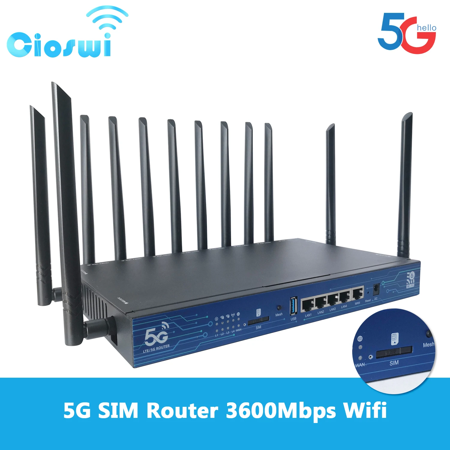 Cioswi High Speed 5G Router SIM Card 3600Mbps WiFi 5G NR NSA Modem 