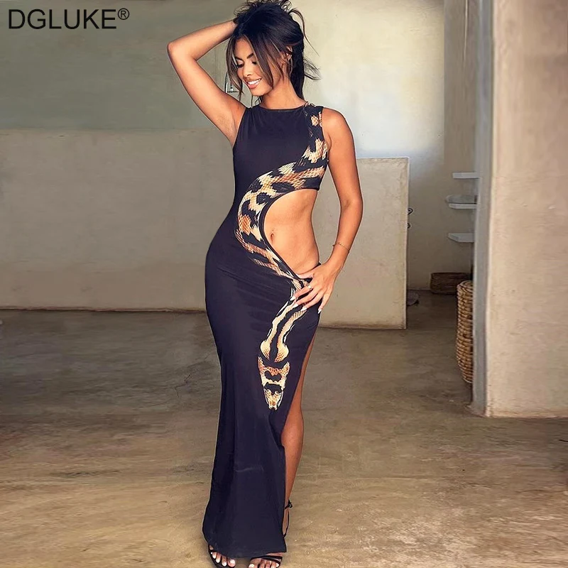 

Snake Print Long Dress Woman O-Neck Sleeveless Cut Out Maxi Dress Summer Sexy Black Club Party Dresses