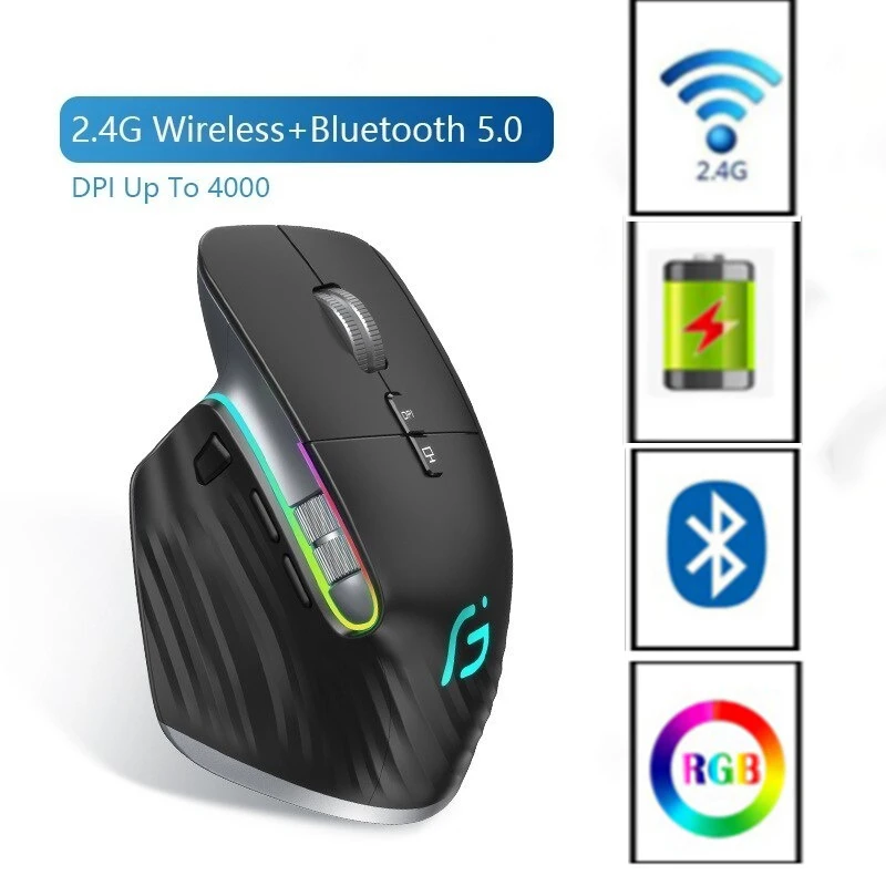 Missgoal Rgb Mouse sem Fio 2.4g Bluetooth Programação Ergonômico Gaming Mouse 4000 Dpi Recarregável Silencioso Mouse para Computador Portátil
