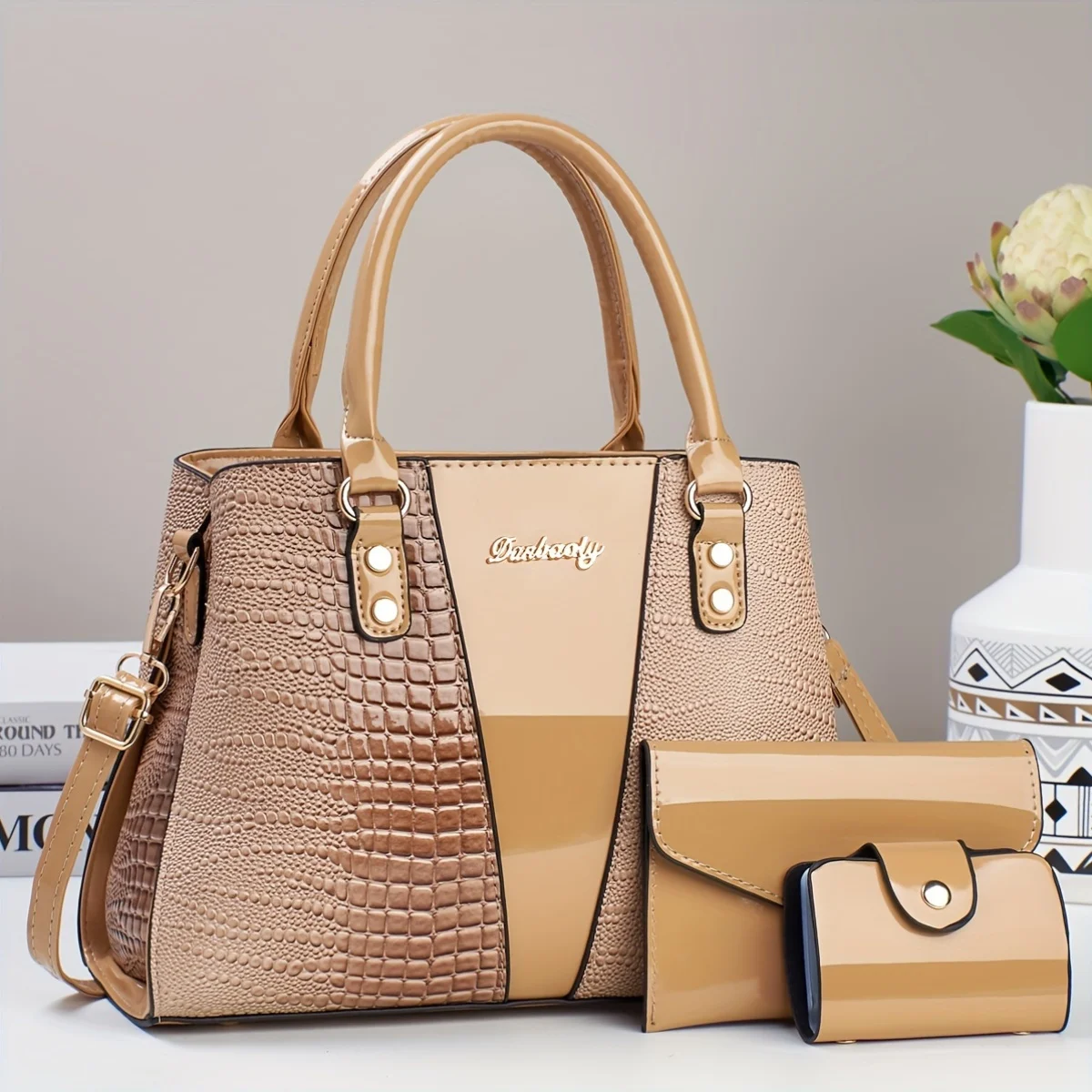 Luxury 3pcs Handbag Set Crocodile Pattern Large Capacity Crossbody Bag Glossy Patent Leather Tote Bag with Wallet and Card Bag