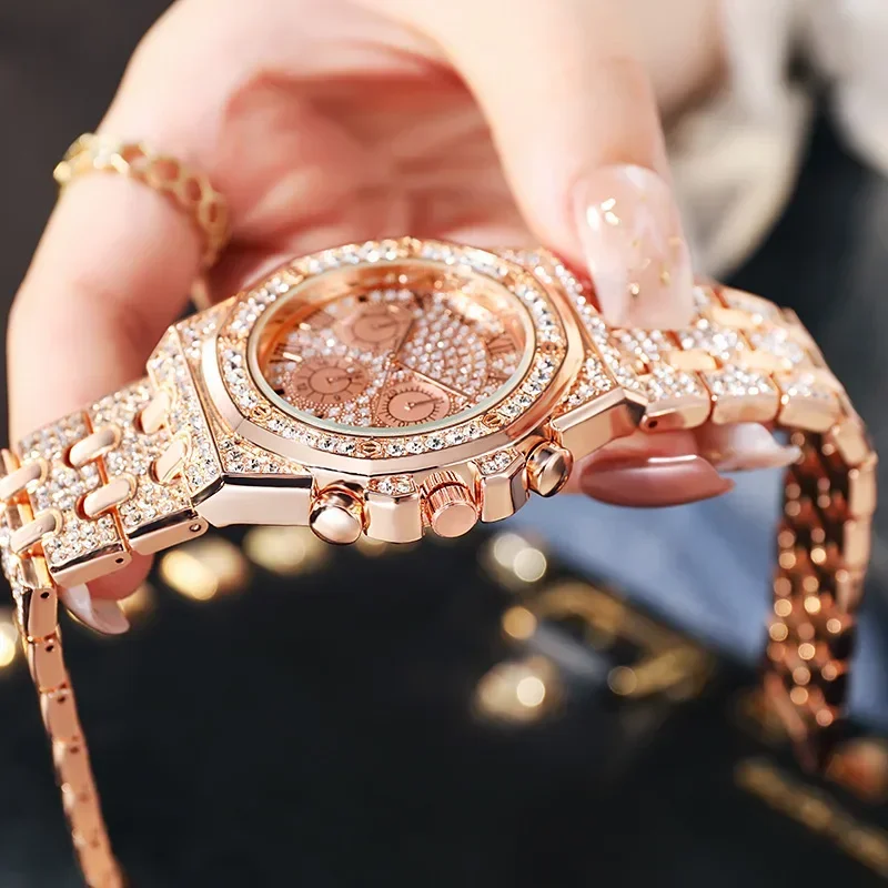 Stainless Steel Strap Watch Rhinestone Inlaid for Women