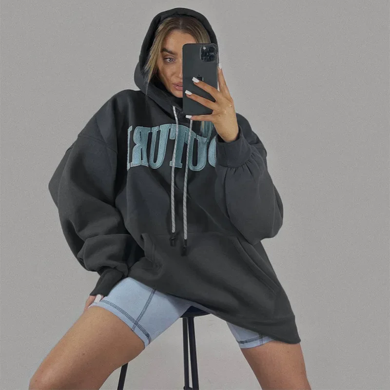 Women's 2024 Autumn and Winter New Letter Embroidery Long-sleeved Sweater Set Drawstring Hooded Pocket Jacket Casual Loose Top