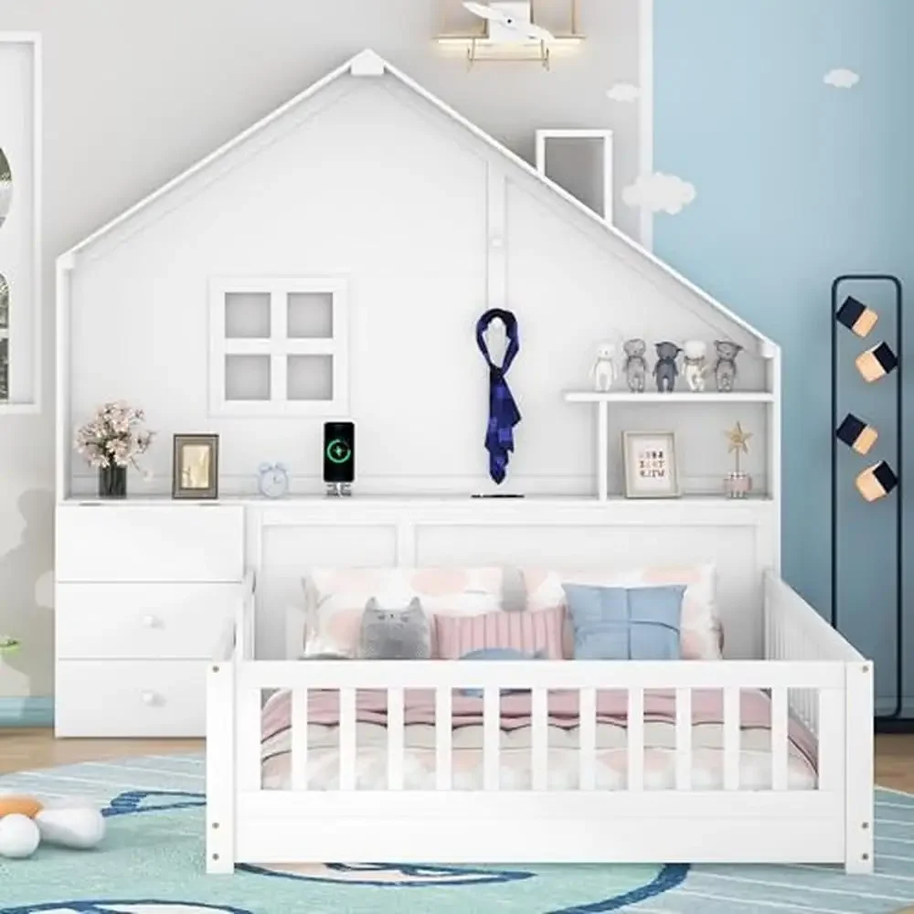 Kids Wood Montessori Floor Bed with Rails Stunning House Design Bedside Drawers Window USB Port Full Size Durable Pine Frame 3