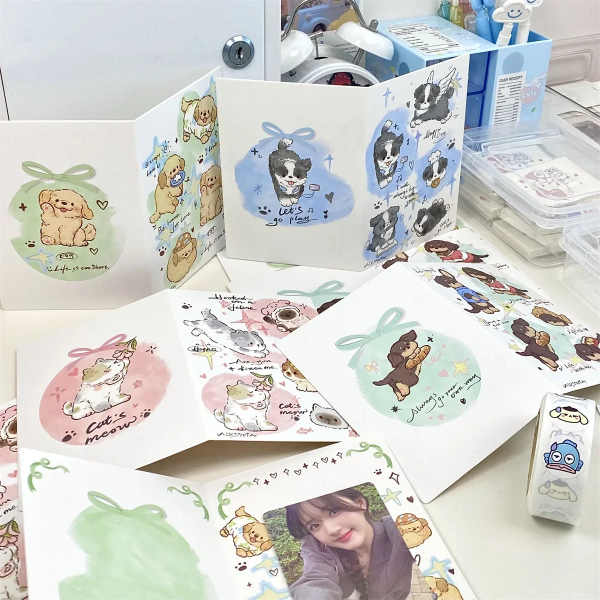 10Pcs Cute American Cartoon Cat Dog Folding Card Back Kawaii Kpop Star 3inch Photo Card DIY Decor Packing Fixed Cardboard