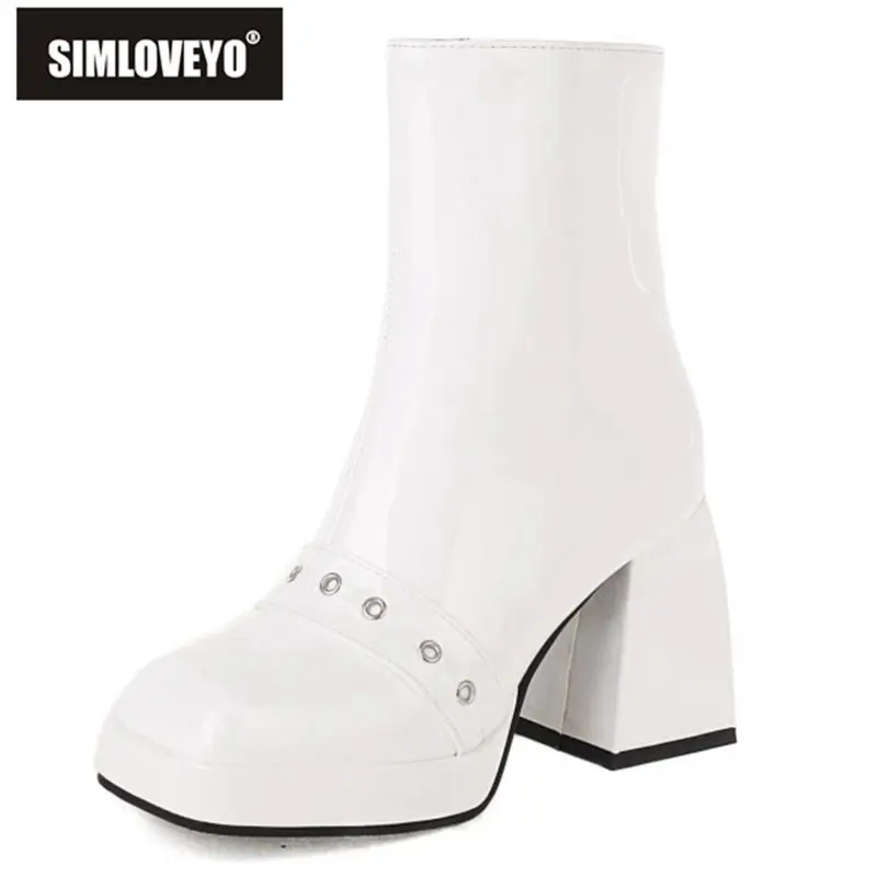 

SIMLOVEYO Woman Mid-Calf Boots Square Toe Chunky High Heels Zipper Rubber Sole Platform Concise Big Size 34-43 Black White S3832