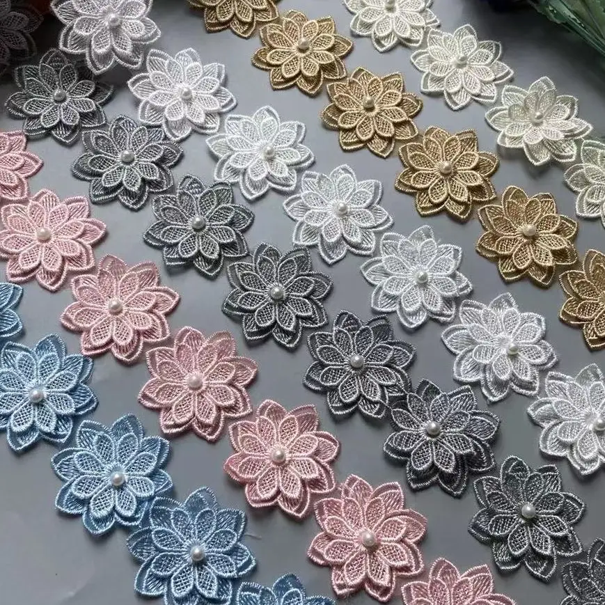 수용성 흰색 폴리에스터 진주 꽃 자수 레이스 트림 리본, 원단 바느질 용품, 공예 장식, DIY 수제 재료, 12X