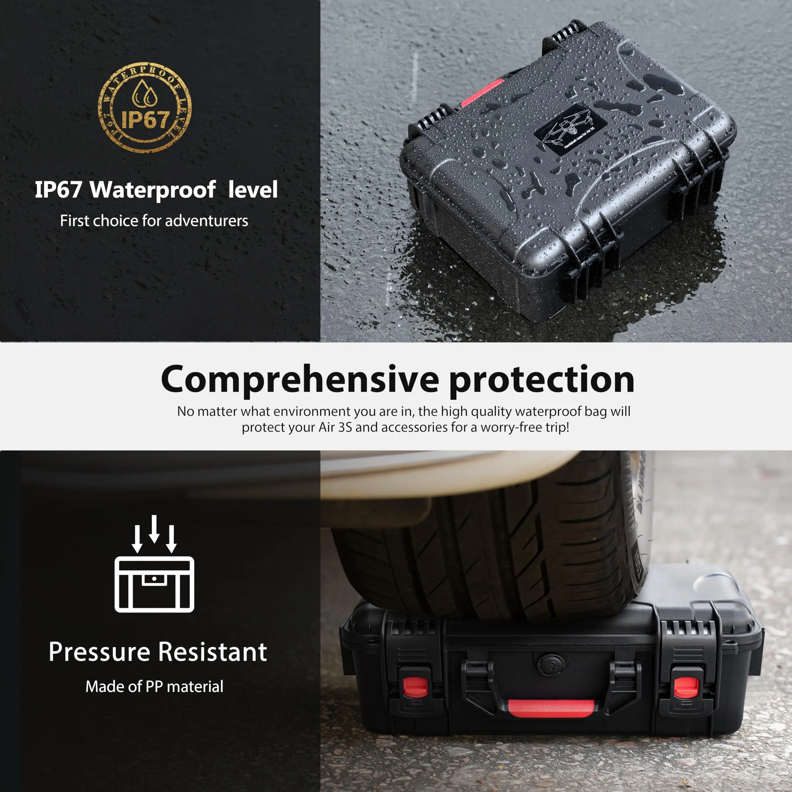 Intérieur de l'étui de transport rigide avec découpes sur mesure pour le DJI Air 3S Fly More Combo et ses accessoires