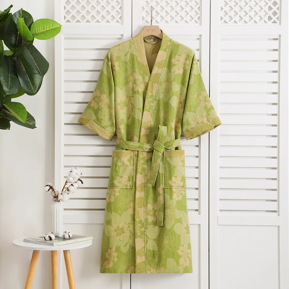 Spring summer thin pure cotton double-layers gauze bathrobe water absorption quick dry couple pajamas women's home Dressing Gown