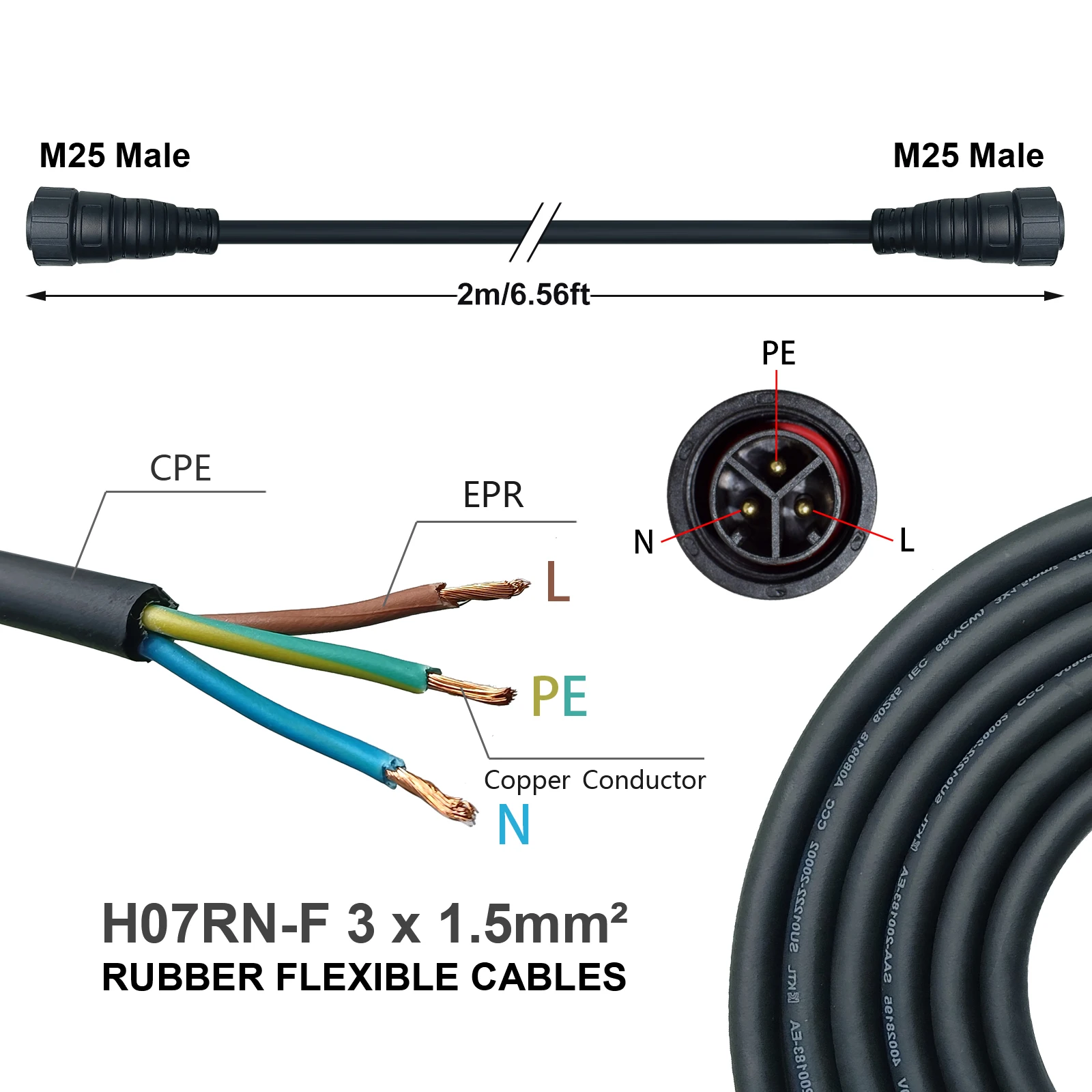 Durable 2M AC Cable with Waterproof M25 3-Pin Male Connector for Solar Grid Tie Inverters