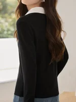 Women's solid color long-sleeved POLO shirt neckline contrast design, spring and autumn fashion casual daily knitted tops. - Image 5