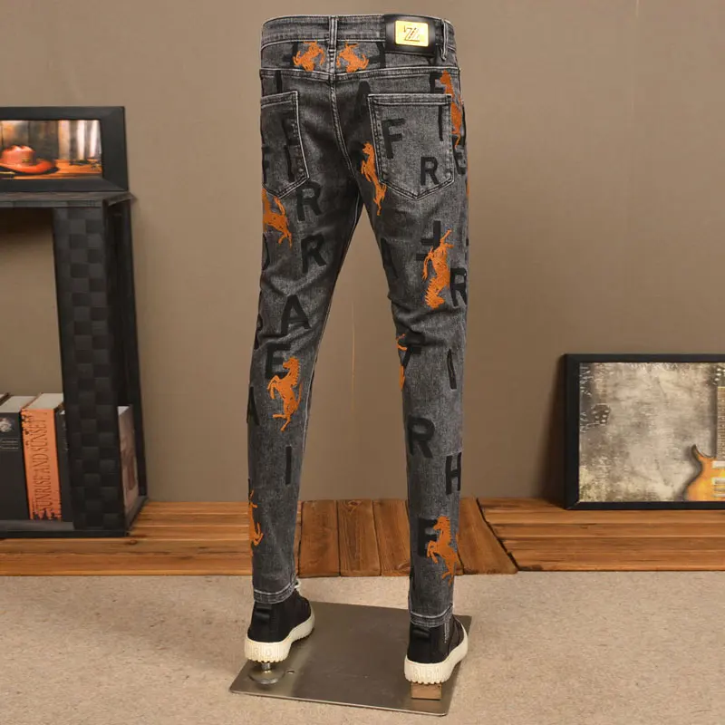 High Street Fashion Men Jeans Retro Black Gray Stretch Slim Fit Vintage Jeans Men Embroidery Designer Hip Hop Denim Pants Hombre