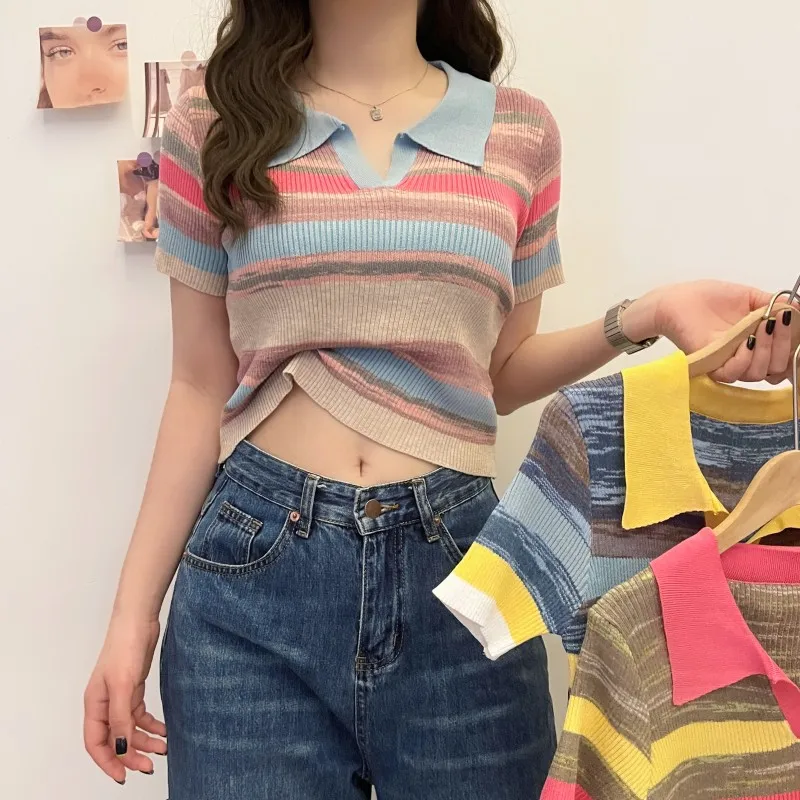 

Runway Summer Fashion Women Hit Color Striped Pullovers Korean Short Sleeve Casual POLO Collar Ice Silk Knitted Sweaters Top