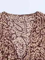 Women Summer MIDI Dress 2025 Vintage Print Chiffon V-Neck Cascading Ruffle Bow Female Elegant Street Dresses Clothing - Image 3