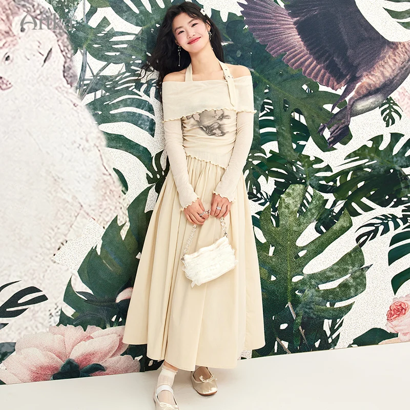 

Женское платье с лямкой на шее ARTKA, розовое Элегантное Длинное платье с открытыми плечами, облегающая футболка с принтом, комплект из 2 предметов, ITZ92042C, на весну 2024