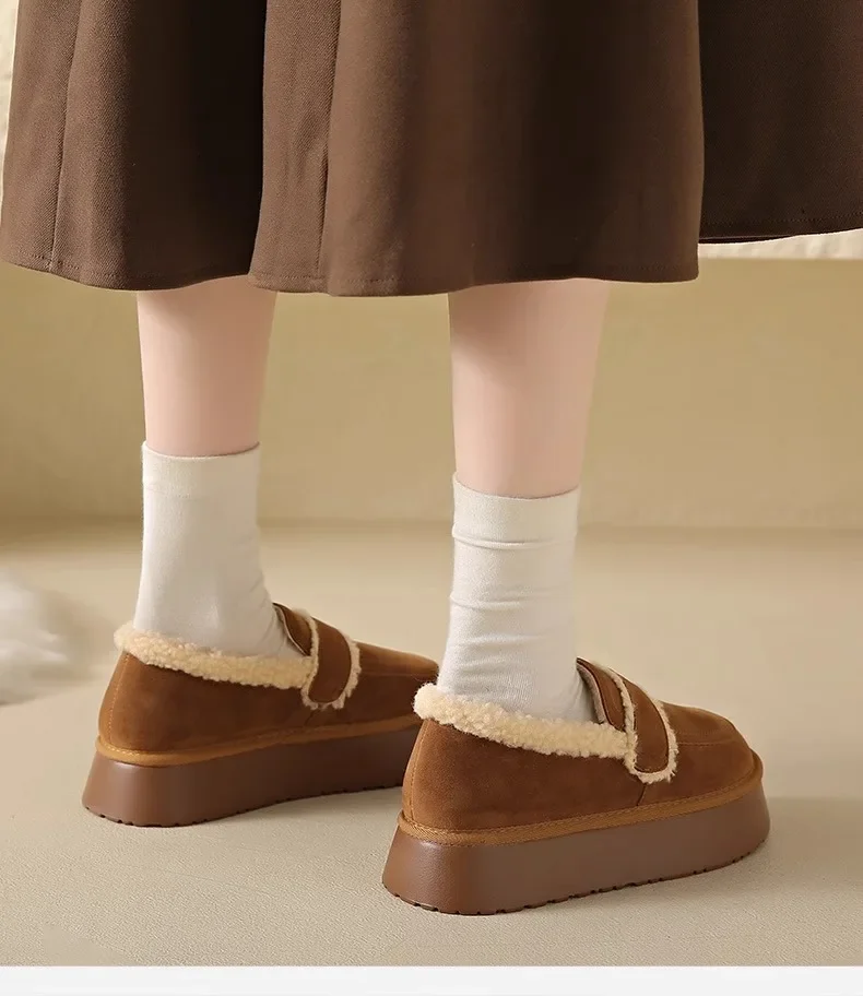 Women's Thick Soled Snow Boots Autumn Winter Plush Boken Shoes Retro Height Increasing Warm Anti Slip Cotton Shoes Loafers