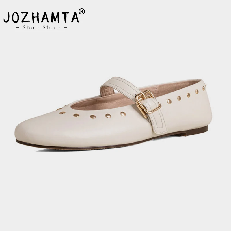 

JOZHAMTA Size 34-43 Women Luxury Ballet Flats Shoes Real Leather Metallic metal Low Heels For Woman Casual Daily Mary Jane