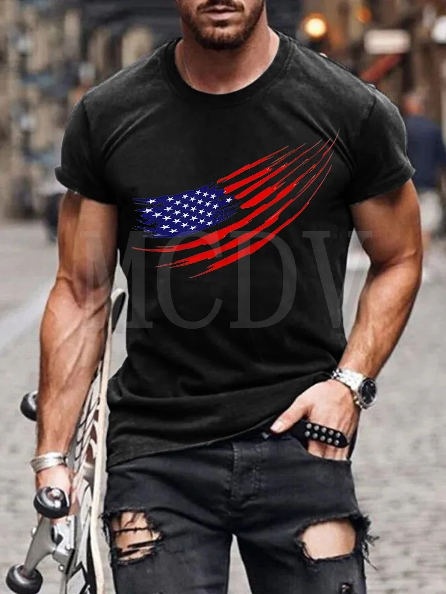 

2023 Summer Men's Printed Casual Crew Neck Short Sleeve T-Shirt TheAmerican Flag Independence Day Casual 3D Printed T Shirt