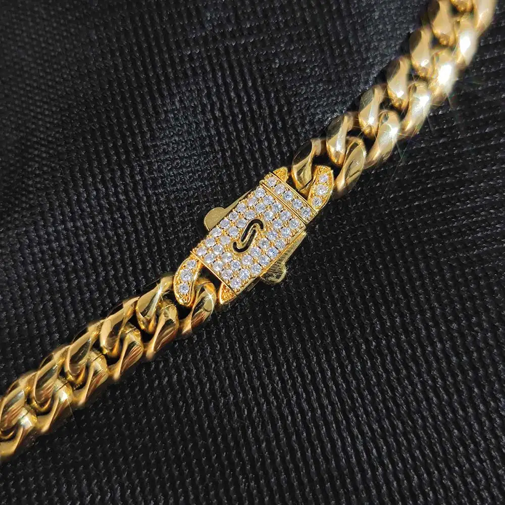 18K Gold Plated 8MM Miami Cuban Link Chain Hip Hop Necklace Custom Name/Logo Diamond Clasp Stainless Steel Cuban Chain Necklace