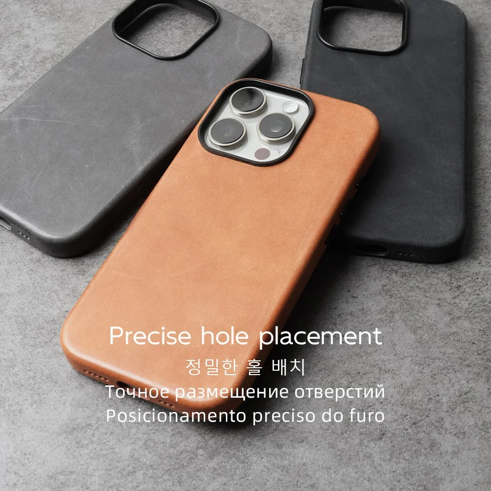 YMW Waxed Genuine Leather Case for iPhone 16 Pro Max 15 14 Magnetic Vegetable Tanned Cowhide Phone Cover 6