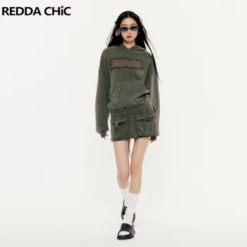 REDDACHiC Retro Green Hooded Sweatshirt Skirt Women 2-piece Set Pocket Graphic Print Hoodies Top Cargo Miniskirt Casual Workwear