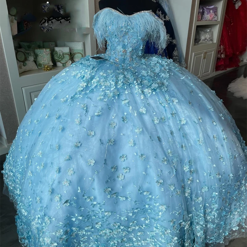 

Sky Blue Shiny Quinceanera Dress Ball Gown Sequined Crystal 3D Flowers Feather Tull Corset Sweet 16 Vestidos 15 De Quinceañera