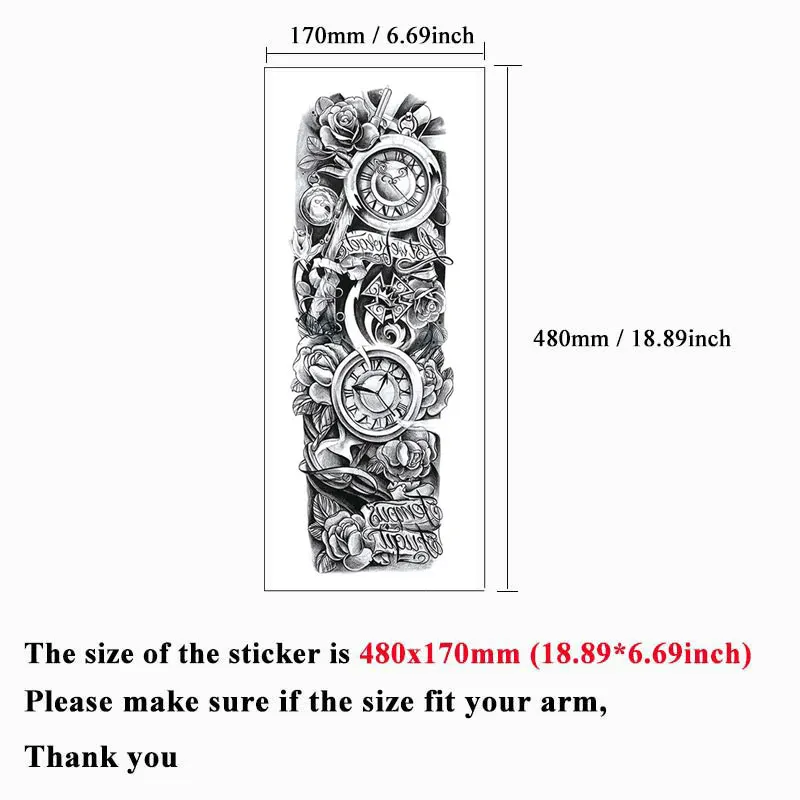 Waterproof Temporary Tattoo Stickers Clock Eye Large Arm Tattoo for Men Women Tiger Animal Fake Tatoo Sleeve 6