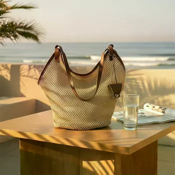 Borsa a secchiello in paglia intrecciata traforata, Borsa a tracolla da mamma, Borsa tote con clip per occhiali da sole, Borsa da spiaggia bohémien