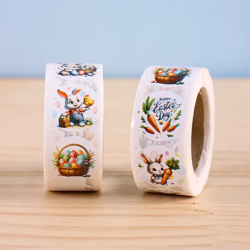 500 Stück/Rolle Runde Oster-Aufkleber Niedliche Hasen-Sticker Geschenkversiegelungsetiketten Backverpackung DIY Geschenkbox-Deko – Detail 1