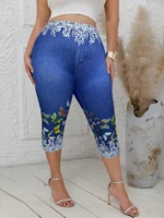 Plus Size Women's Capri Leggings with Butterfly Pattern Denim-Look Print Comfortable Stretch Fashion Casual Mid-Calf Knit Pants - Image 2