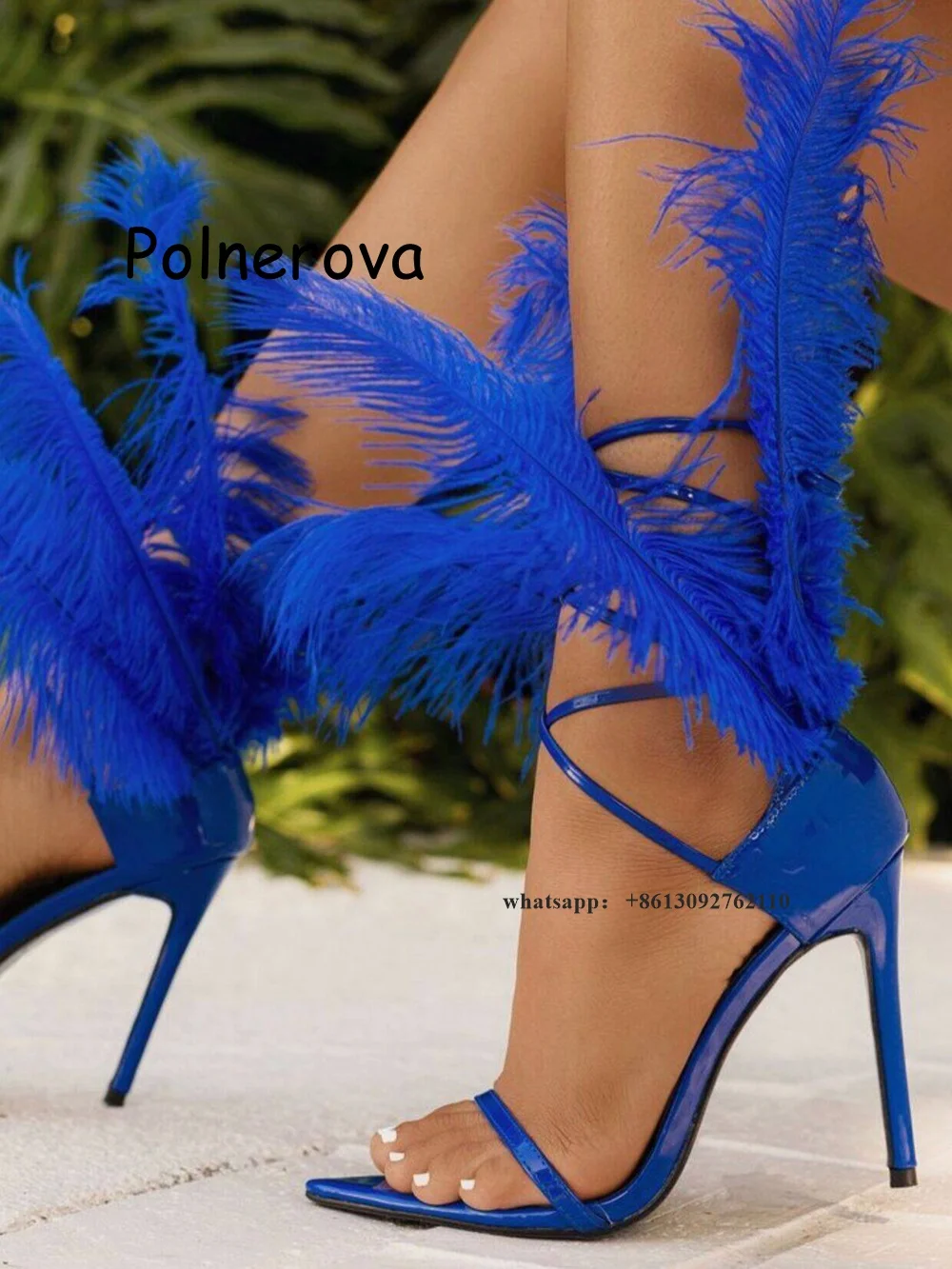 

Blue Feather Sandals Pointed Toe One Word Belt Women's Shoes Thin High Heels Summer Party Cross Tied Ladies Large Size Sandals