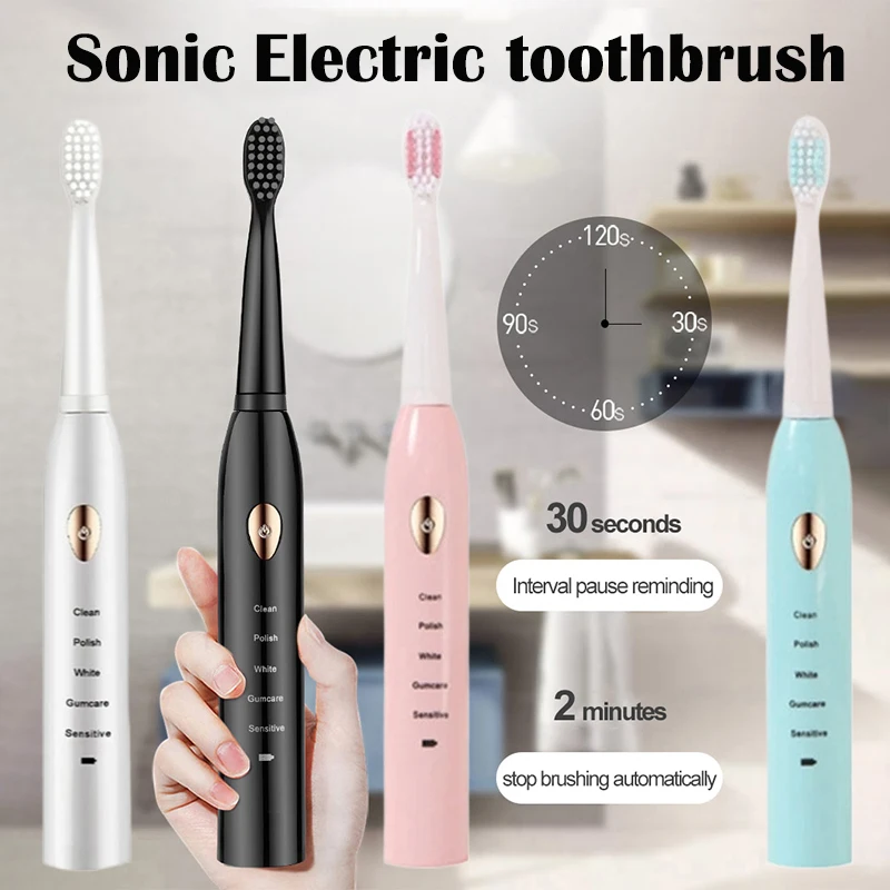 Escova de Dentes Elétrica Sônica para Adultos Cabelos Macios Ipx7 Impermeável Modo 5-gear Temporizador de Clareamento Carregamento Usb Escova de Dentes Cores