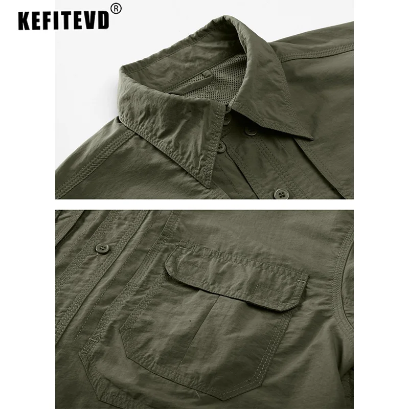 Mens Long Sleeve Fishing Shirts Multi-Pocket Outdoor Quick Dry Nylon