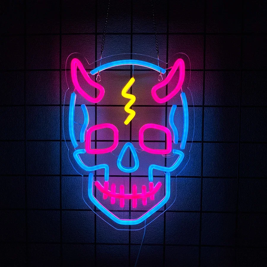 Neon LED Demon Mask Sign for Home Decor and Party Decoration