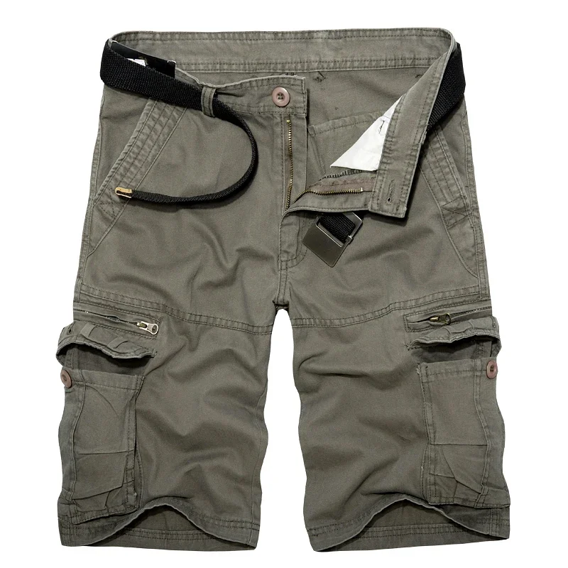 Mens Cargo Shorts Summer Green Cotton Shorts Men Loose Multi-Pocket Homme Casual Bermuda Trousers