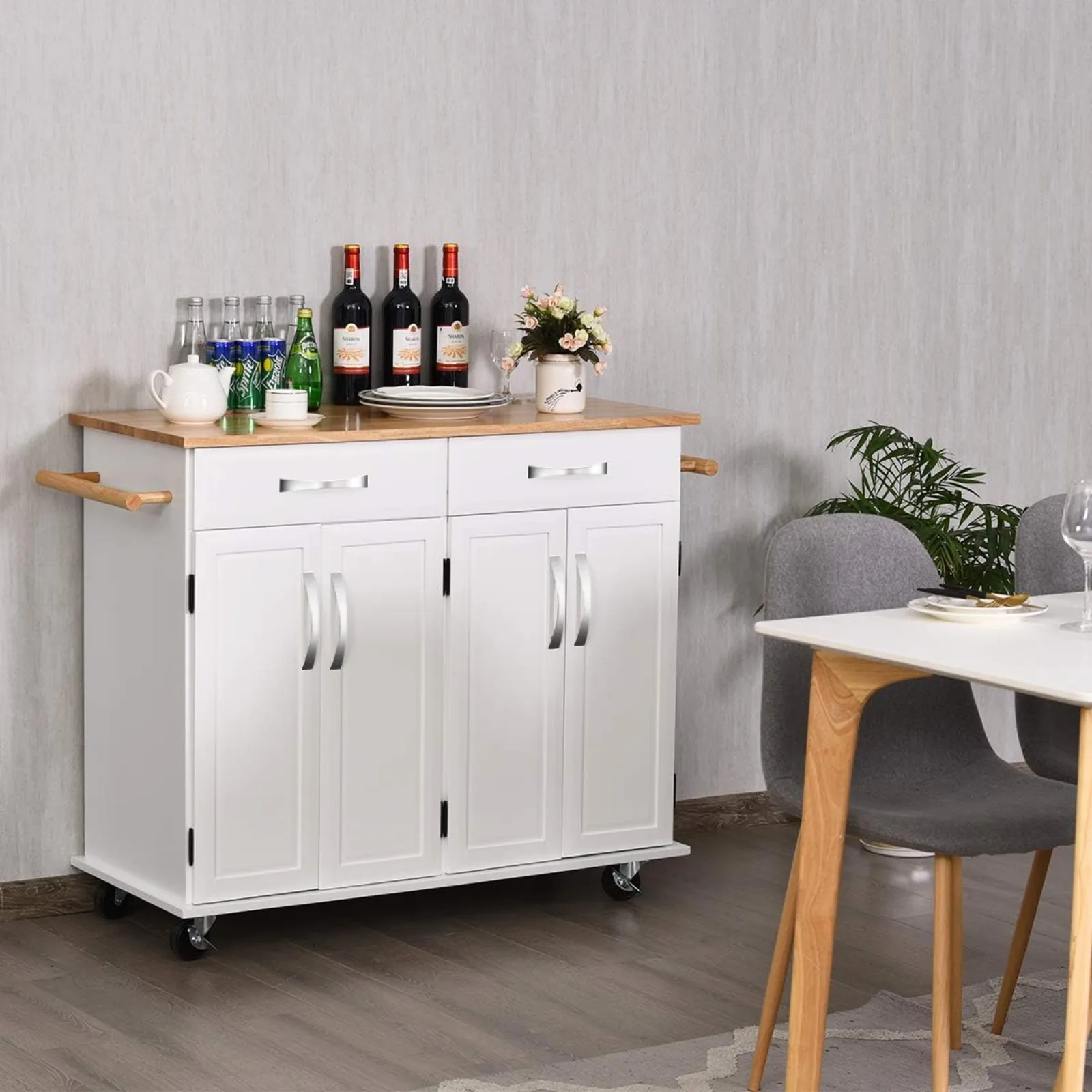 US Kitchen Trolley Cart, Rolling Utility Island w/Rubber Wood Top, Large Storage Easy-Clean with Smooth