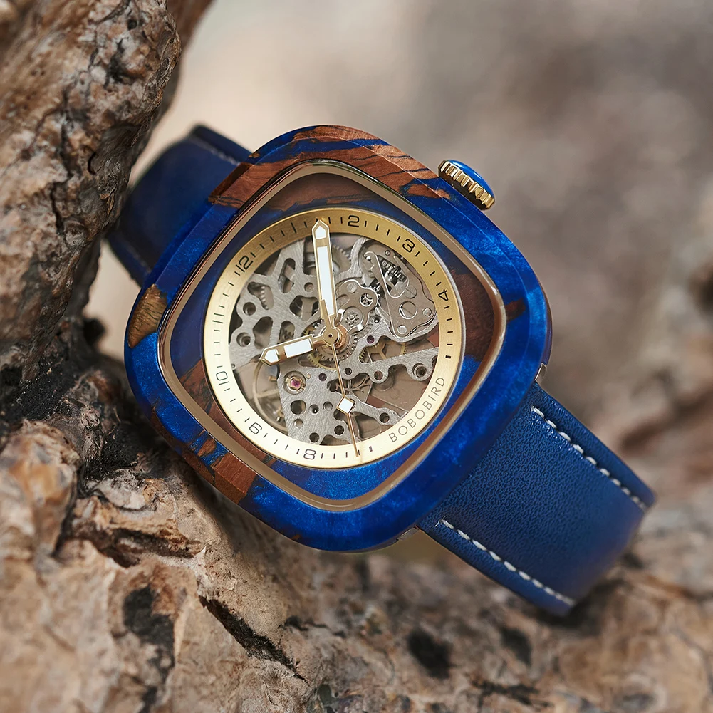 BOBO BIRD Men's Watches Mechanical Watch Wood&Resin Leather Straps Wristwatches Gift With Wooden Box For Men Custom