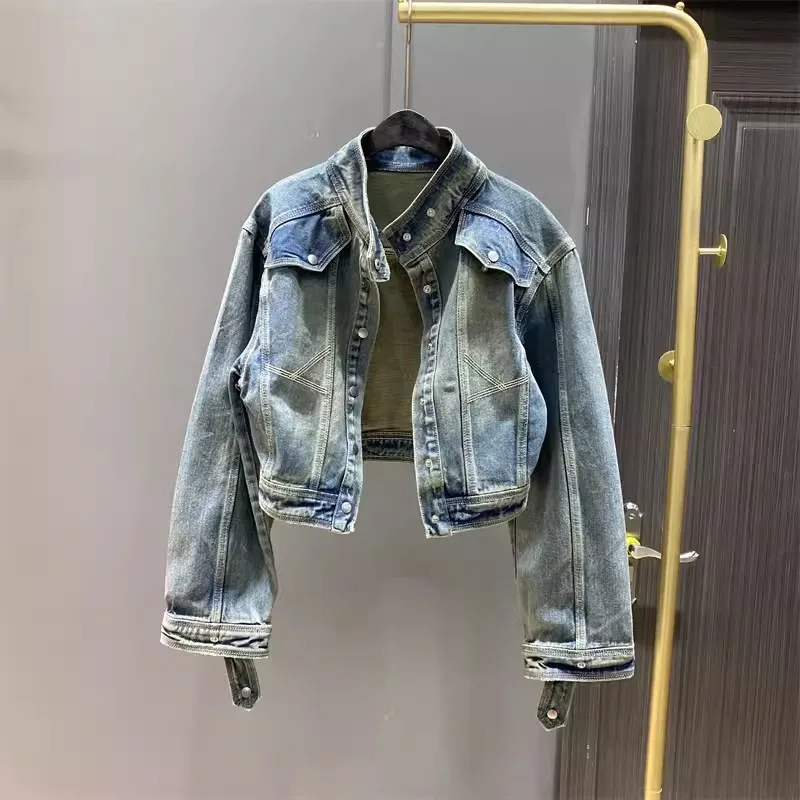 

2024 Spring Women's Casual Vintage Short Denim Jacket Fashion Long Sleeve Top Sweet Denim Jackets Female Fashion Outerwear