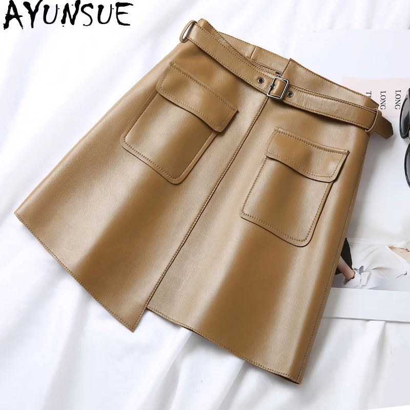 Ayunsue Real Leather Skirt Women Clothes High Waist Black Skirt  Autumn Skort Mini Skirt With Belt Jupe Femme Chic Et Élégant
