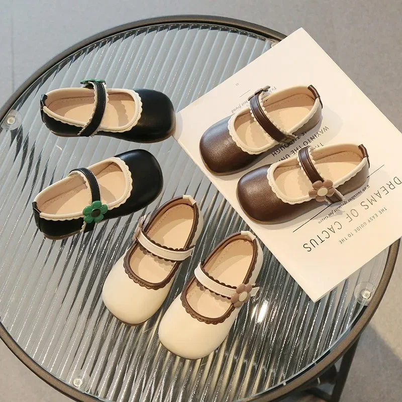 Girls Shoes Girls Flats Leather Shoes Girls' PU Shoes Black Beige Spring Cute Bow Loafer