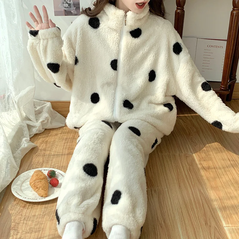 

Women Coral Velvet Thick Pajama Set Casual Warm Fleece Korean Ins Storm Point Loungewear Trousers Nightwear with Zipper