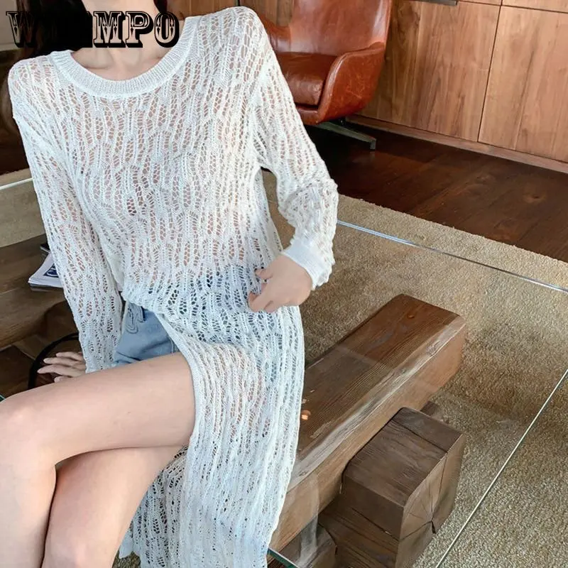

Knit Hollow Long-sleeved Dresses Women Solid Chic O-neck Perspective Swimsuits Long Blouse Summer Beach Vacation Dress Y2K Tops